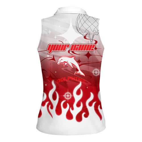 Personalized Dolphins Women Sleeveless Polo Shirt Y2K Grunge Aesthetic With Cyber Flames and Starburst Graphics