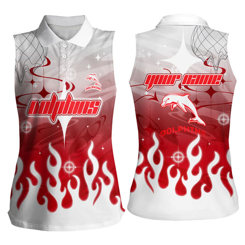 Personalized Dolphins Women Sleeveless Polo Shirt Y2K Grunge Aesthetic With Cyber Flames and Starburst Graphics