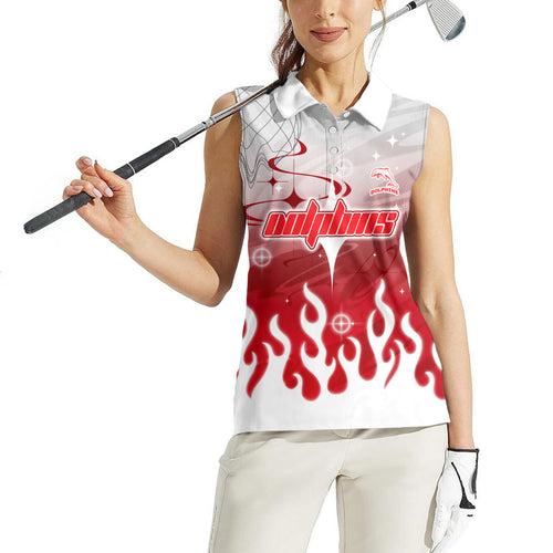 Personalized Dolphins Women Sleeveless Polo Shirt Y2K Grunge Aesthetic With Cyber Flames and Starburst Graphics