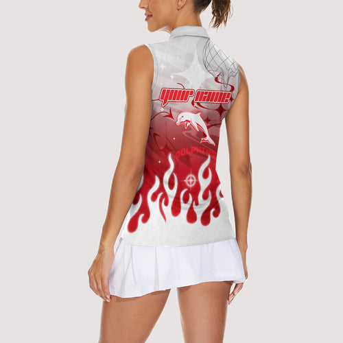 Personalized Dolphins Women Sleeveless Polo Shirt Y2K Grunge Aesthetic With Cyber Flames and Starburst Graphics
