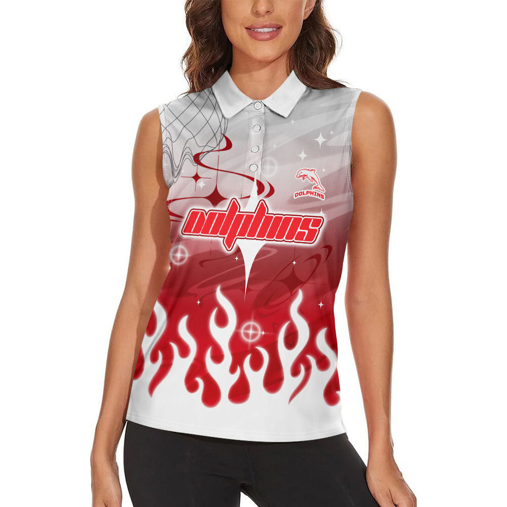 Personalized Dolphins Women Sleeveless Polo Shirt Y2K Grunge Aesthetic With Cyber Flames and Starburst Graphics