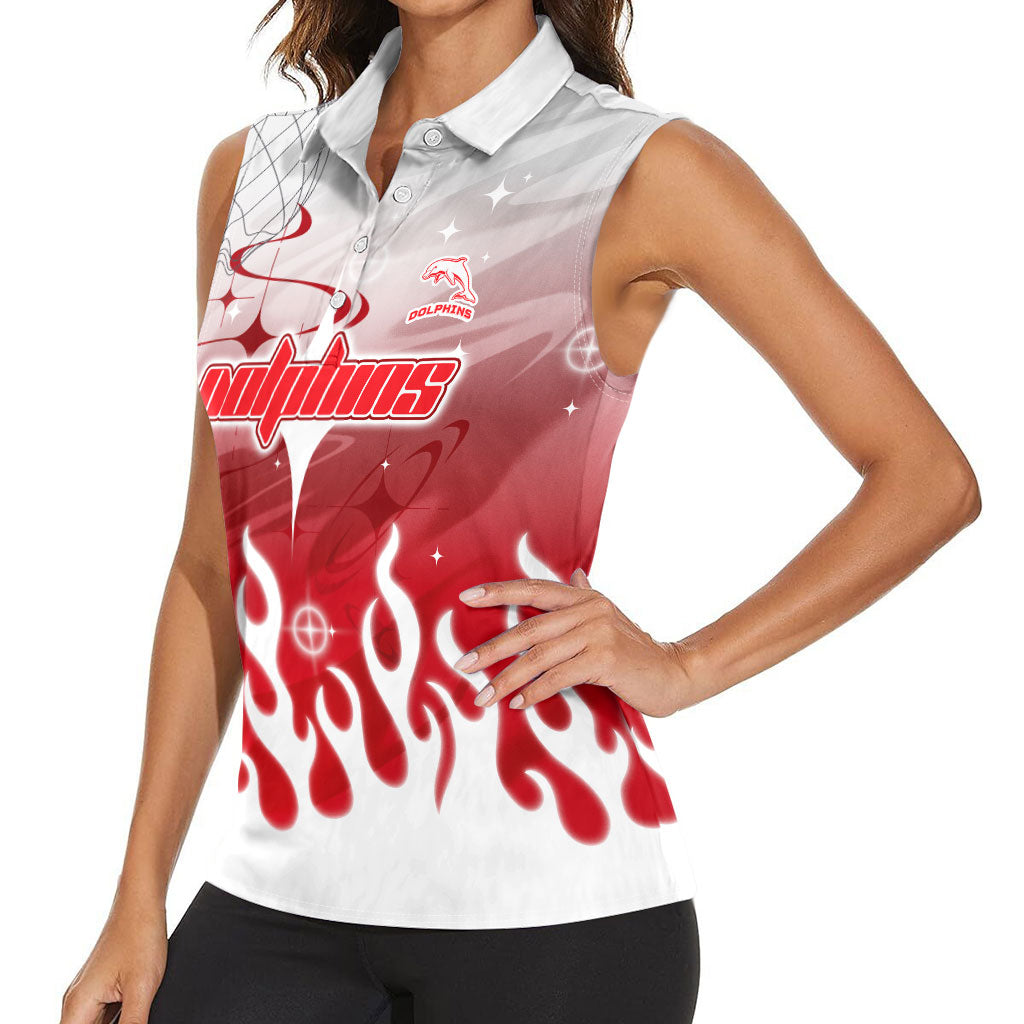 Personalized Dolphins Women Sleeveless Polo Shirt Y2K Grunge Aesthetic With Cyber Flames and Starburst Graphics