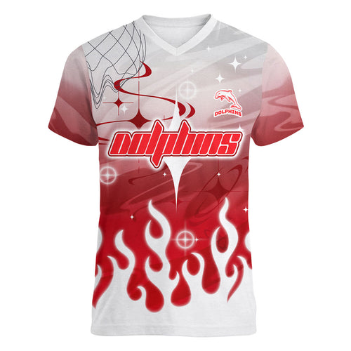 Personalized Dolphins Women V-Neck T-Shirt Y2K Grunge Aesthetic With Cyber Flames and Starburst Graphics
