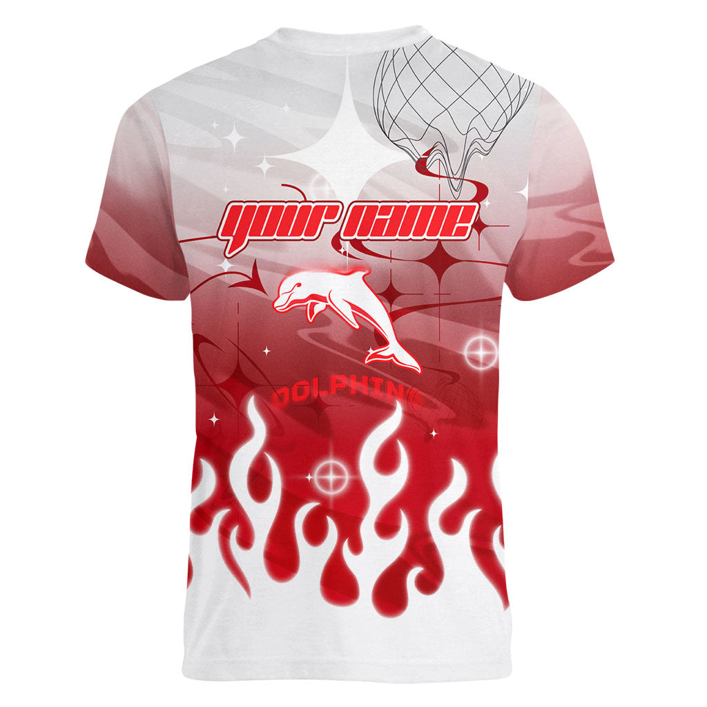Personalized Dolphins Women V-Neck T-Shirt Y2K Grunge Aesthetic With Cyber Flames and Starburst Graphics