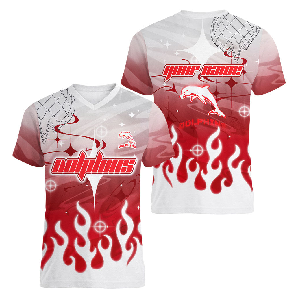 Personalized Dolphins Women V-Neck T-Shirt Y2K Grunge Aesthetic With Cyber Flames and Starburst Graphics