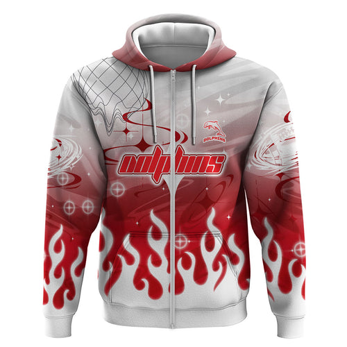Personalized Dolphins Zip Hoodie Y2K Grunge Aesthetic With Cyber Flames and Starburst Graphics