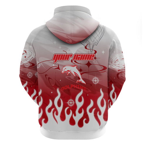 Personalized Dolphins Zip Hoodie Y2K Grunge Aesthetic With Cyber Flames and Starburst Graphics