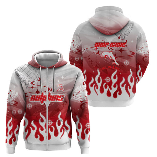 Personalized Dolphins Zip Hoodie Y2K Grunge Aesthetic With Cyber Flames and Starburst Graphics