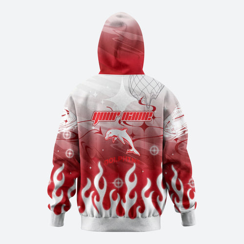 Personalized Dolphins Zip Hoodie Y2K Grunge Aesthetic With Cyber Flames and Starburst Graphics