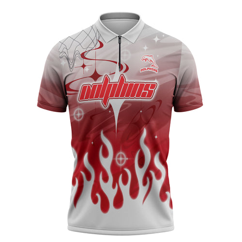 Personalized Dolphins Zipper Polo Shirt Y2K Grunge Aesthetic With Cyber Flames and Starburst Graphics