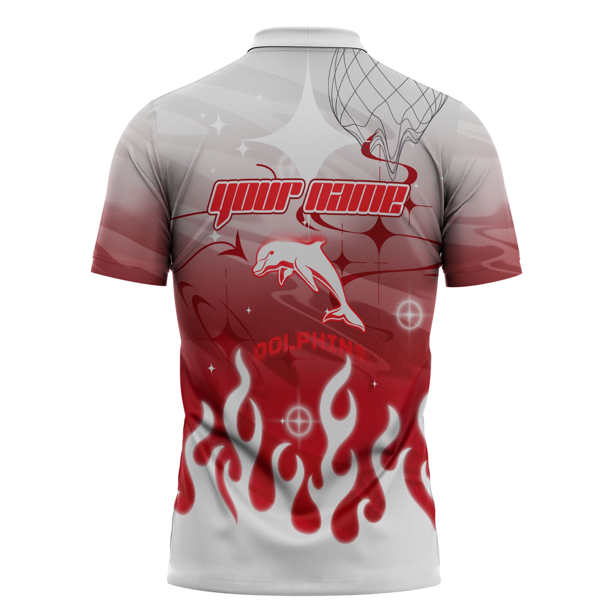 Personalized Dolphins Zipper Polo Shirt Y2K Grunge Aesthetic With Cyber Flames and Starburst Graphics