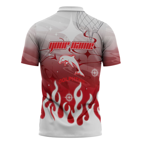 Personalized Dolphins Zipper Polo Shirt Y2K Grunge Aesthetic With Cyber Flames and Starburst Graphics