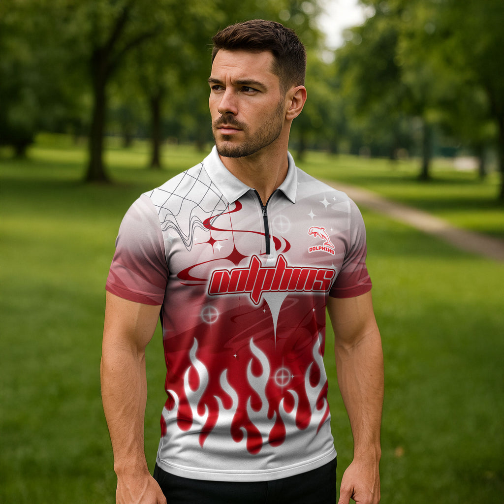 Personalized Dolphins Zipper Polo Shirt Y2K Grunge Aesthetic With Cyber Flames and Starburst Graphics