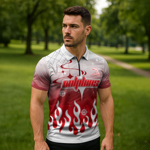 Personalized Dolphins Zipper Polo Shirt Y2K Grunge Aesthetic With Cyber Flames and Starburst Graphics