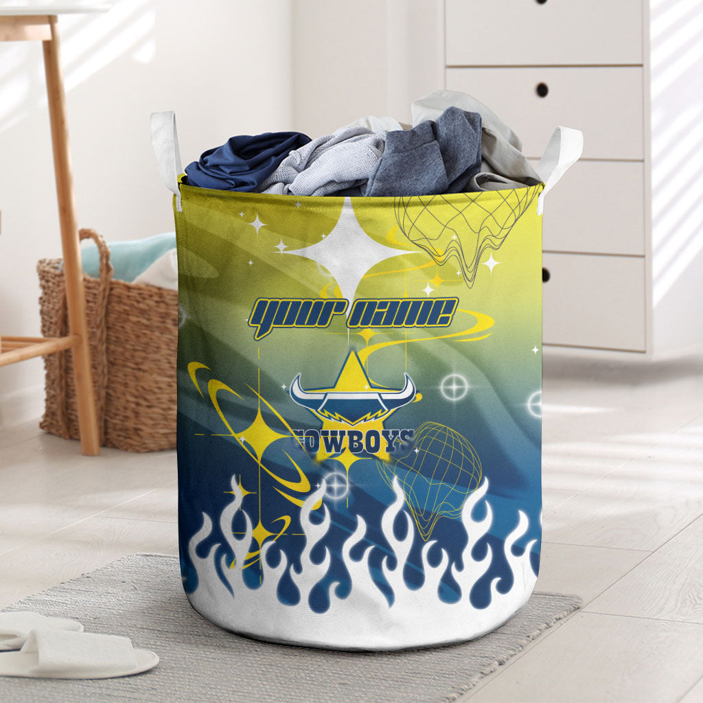 Personalized North Queensland Cowboys Laundry Basket Y2K Grunge Aesthetic With Cyber Flames and Starburst Graphics