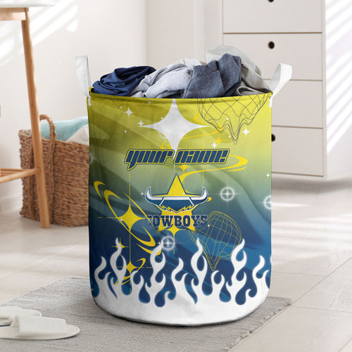 Personalized North Queensland Cowboys Laundry Basket Y2K Grunge Aesthetic With Cyber Flames and Starburst Graphics