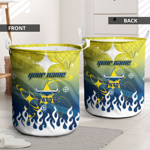 Personalized North Queensland Cowboys Laundry Basket Y2K Grunge Aesthetic With Cyber Flames and Starburst Graphics