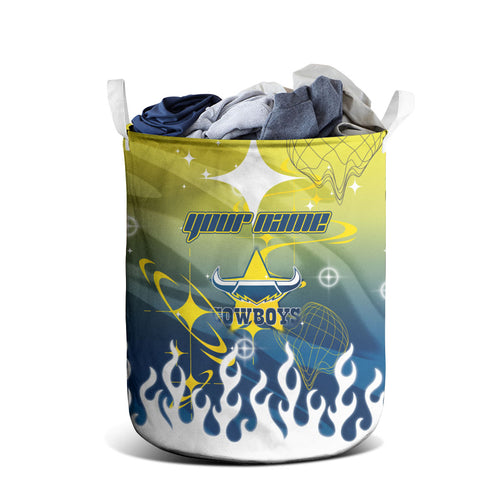 Personalized North Queensland Cowboys Laundry Basket Y2K Grunge Aesthetic With Cyber Flames and Starburst Graphics