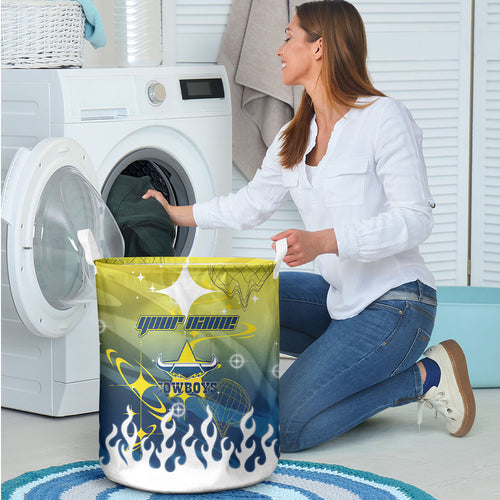 Personalized North Queensland Cowboys Laundry Basket Y2K Grunge Aesthetic With Cyber Flames and Starburst Graphics