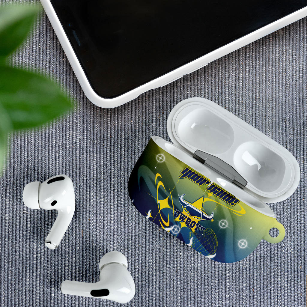 Personalized North Queensland Cowboys AirPods Case Y2K Grunge Aesthetic With Cyber Flames and Starburst Graphics
