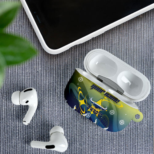 Personalized North Queensland Cowboys AirPods Case Y2K Grunge Aesthetic With Cyber Flames and Starburst Graphics