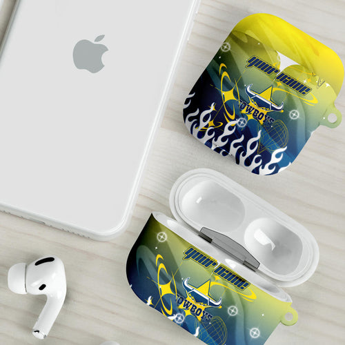 Personalized North Queensland Cowboys AirPods Case Y2K Grunge Aesthetic With Cyber Flames and Starburst Graphics
