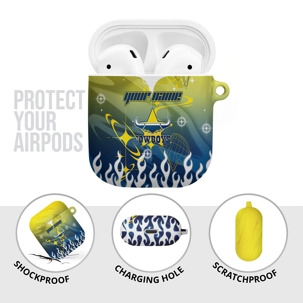 Personalized North Queensland Cowboys AirPods Case Y2K Grunge Aesthetic With Cyber Flames and Starburst Graphics