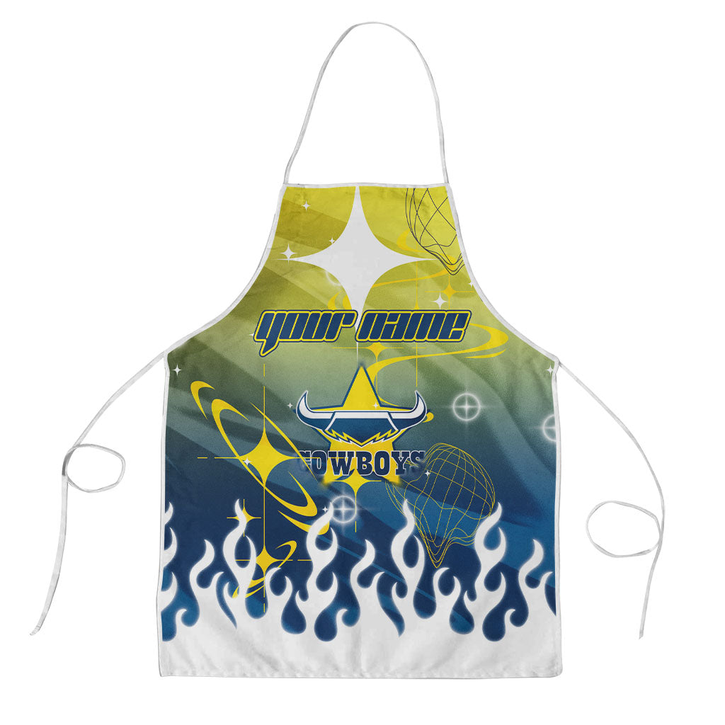 Personalized North Queensland Cowboys Apron Y2K Grunge Aesthetic With Cyber Flames and Starburst Graphics
