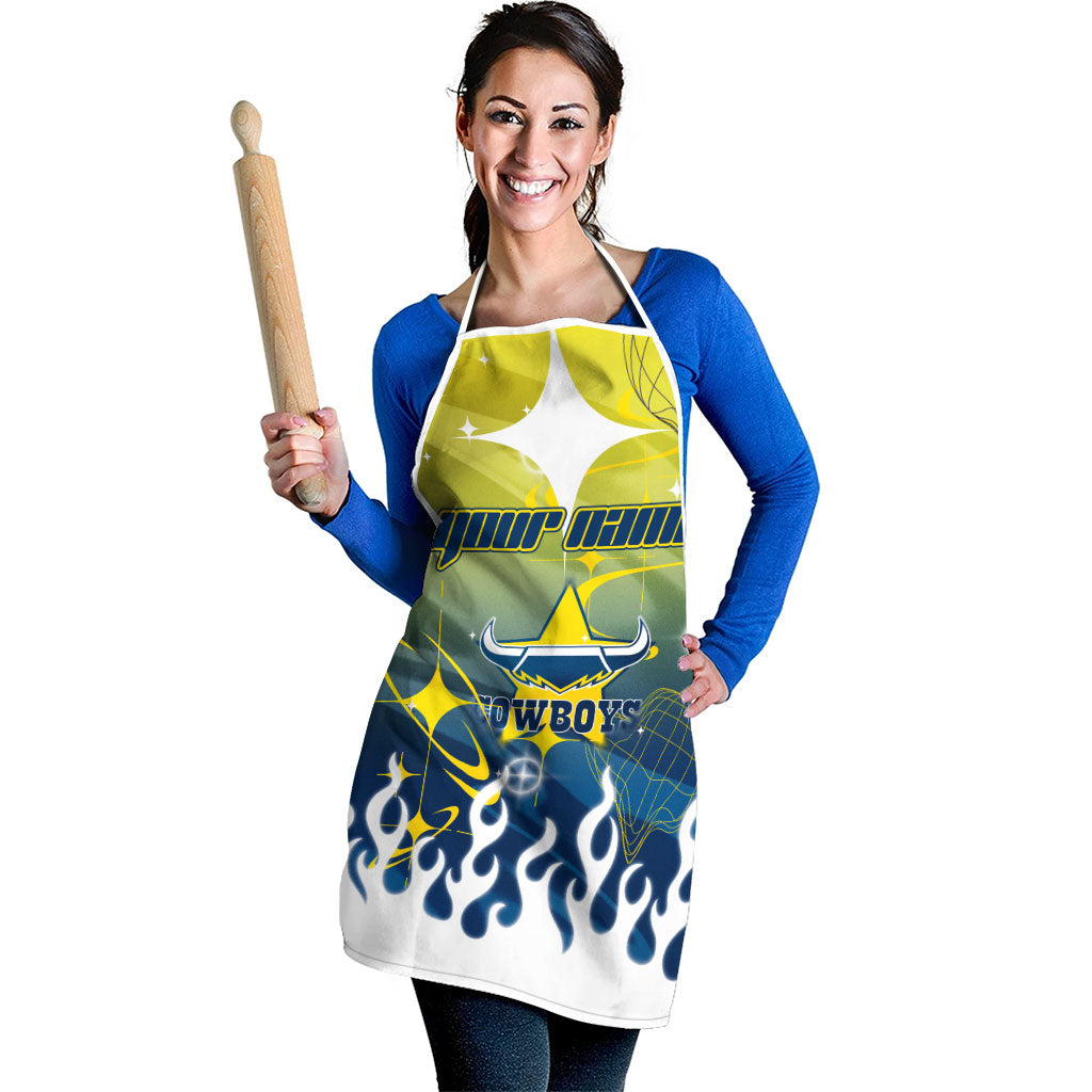 Personalized North Queensland Cowboys Apron Y2K Grunge Aesthetic With Cyber Flames and Starburst Graphics