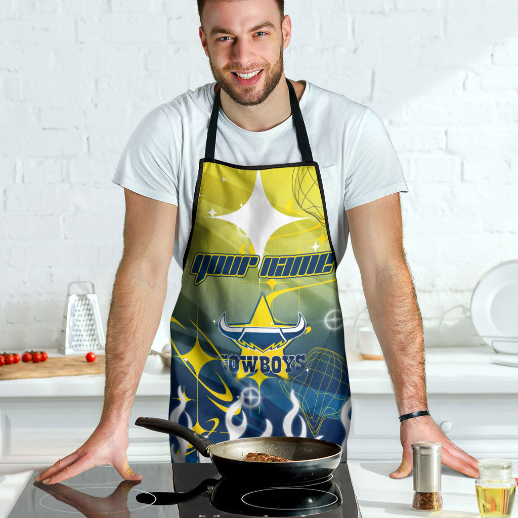 Personalized North Queensland Cowboys Apron Y2K Grunge Aesthetic With Cyber Flames and Starburst Graphics