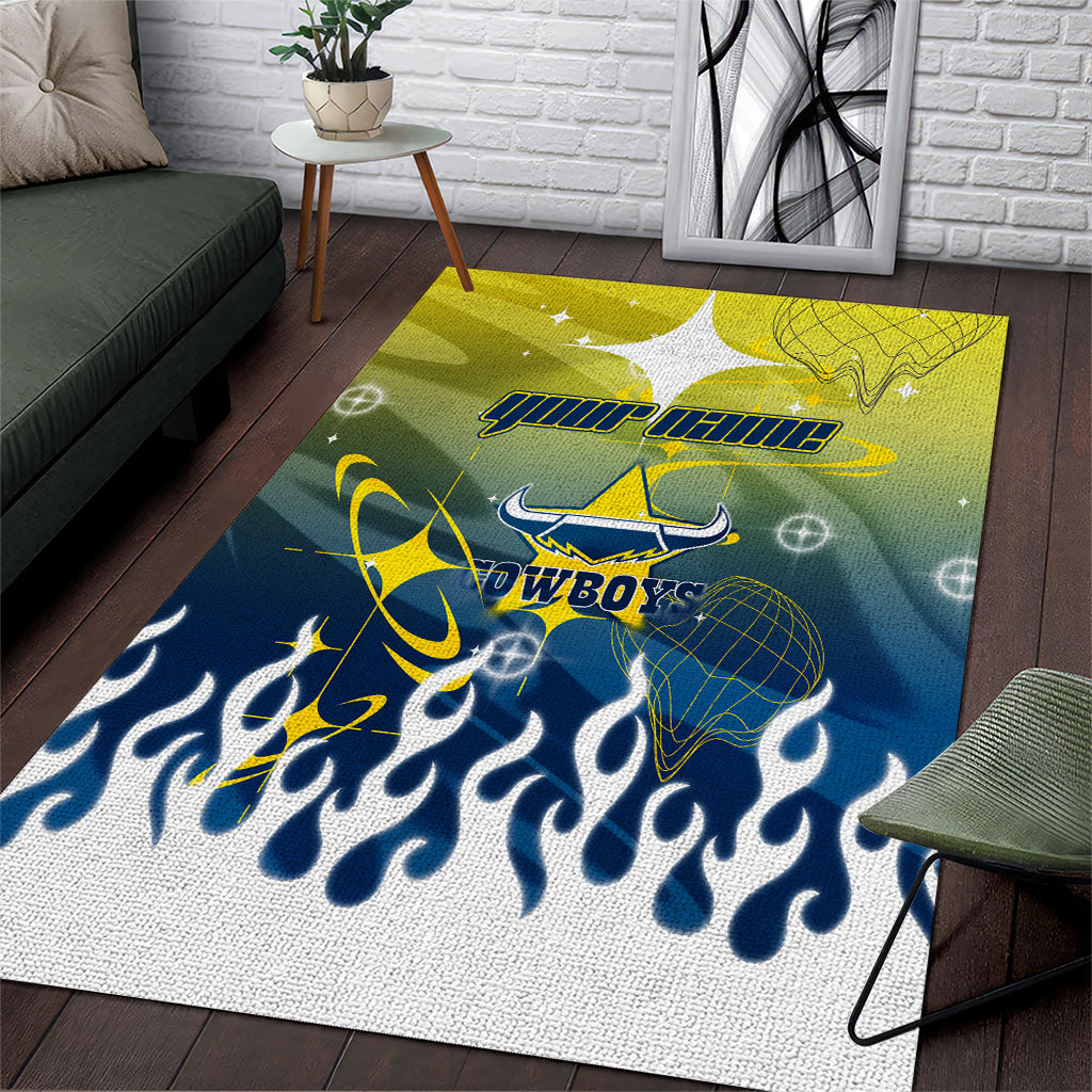 Personalized North Queensland Cowboys Area Rug Y2K Grunge Aesthetic With Cyber Flames and Starburst Graphics