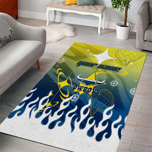Personalized North Queensland Cowboys Area Rug Y2K Grunge Aesthetic With Cyber Flames and Starburst Graphics