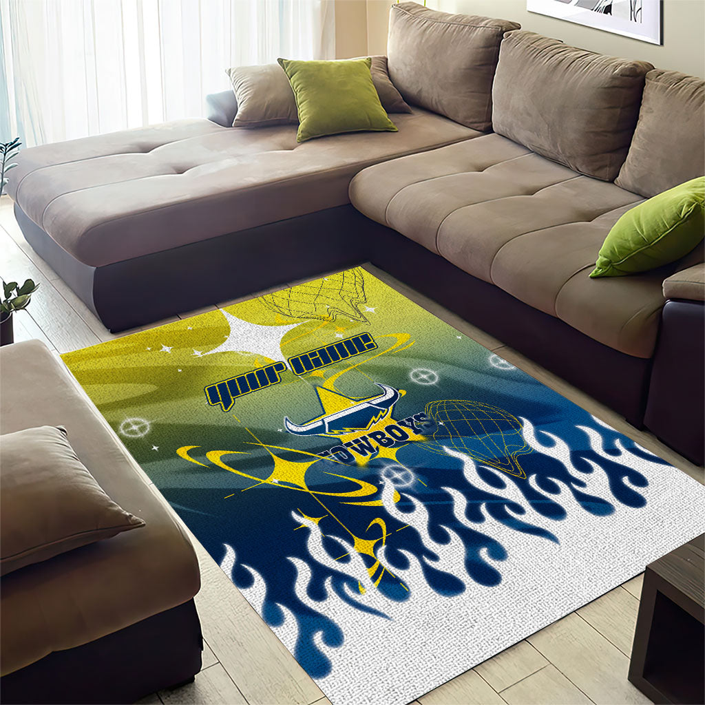 Personalized North Queensland Cowboys Area Rug Y2K Grunge Aesthetic With Cyber Flames and Starburst Graphics