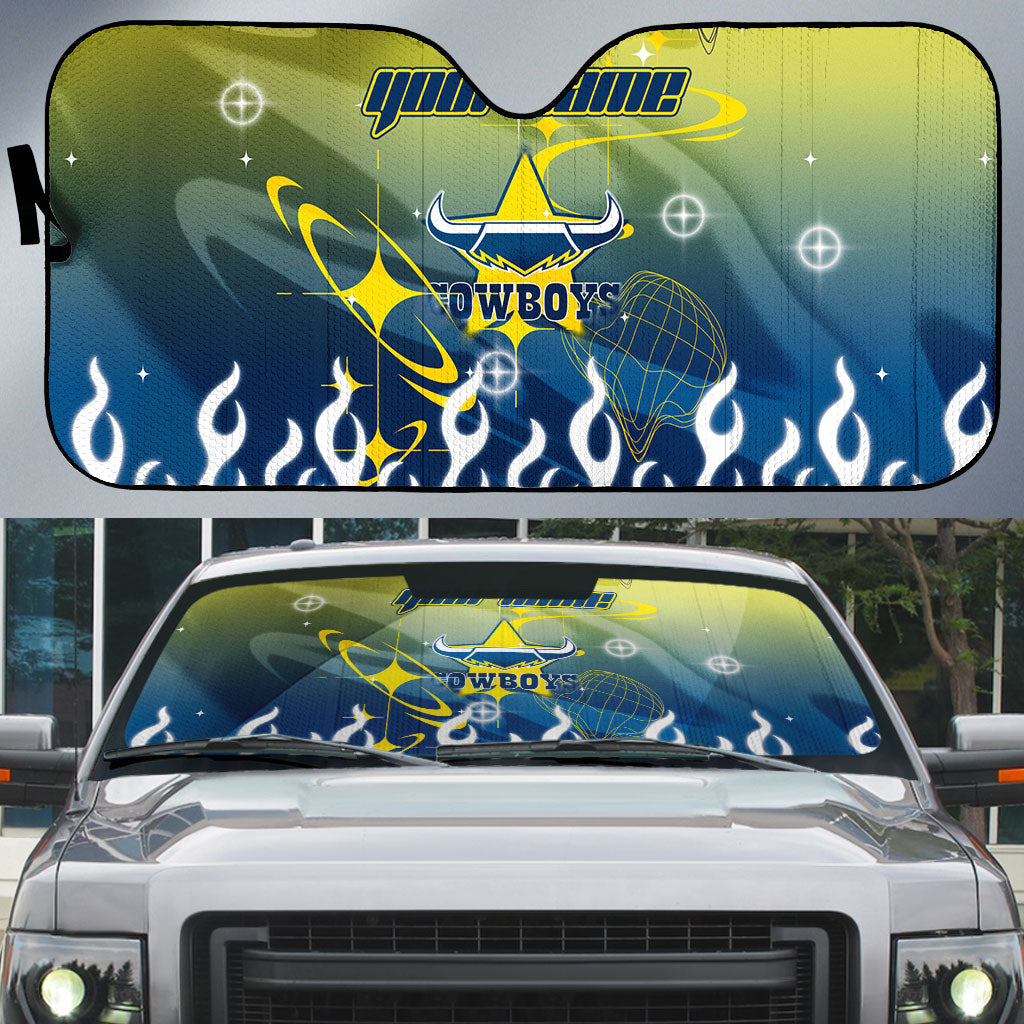 Personalized North Queensland Cowboys Auto Sun Shade Y2K Grunge Aesthetic With Cyber Flames and Starburst Graphics
