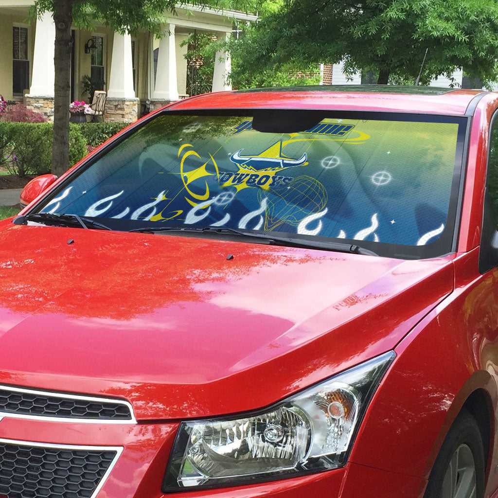 Personalized North Queensland Cowboys Auto Sun Shade Y2K Grunge Aesthetic With Cyber Flames and Starburst Graphics
