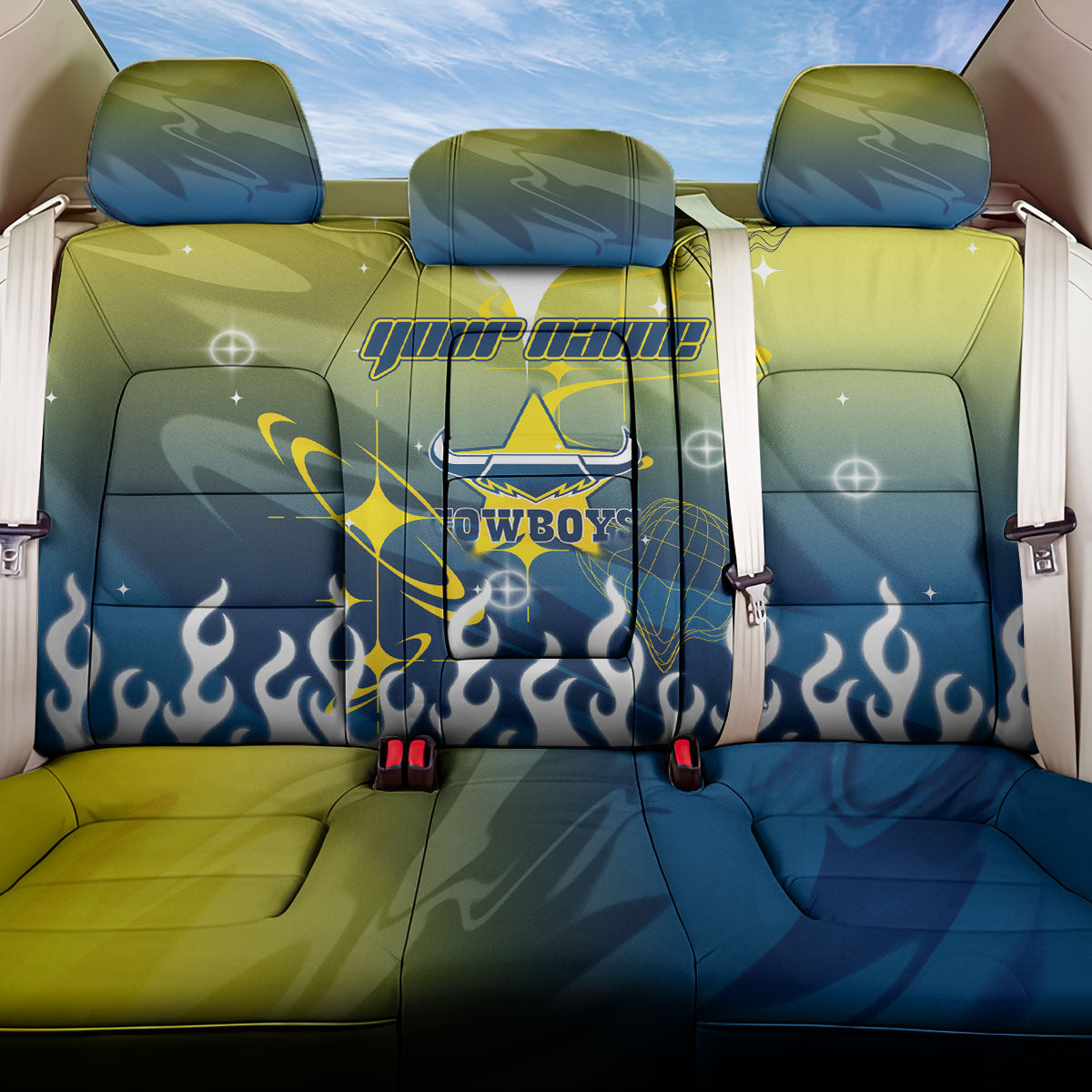 Personalized North Queensland Cowboys Back Car Seat Cover Y2K Grunge Aesthetic With Cyber Flames and Starburst Graphics
