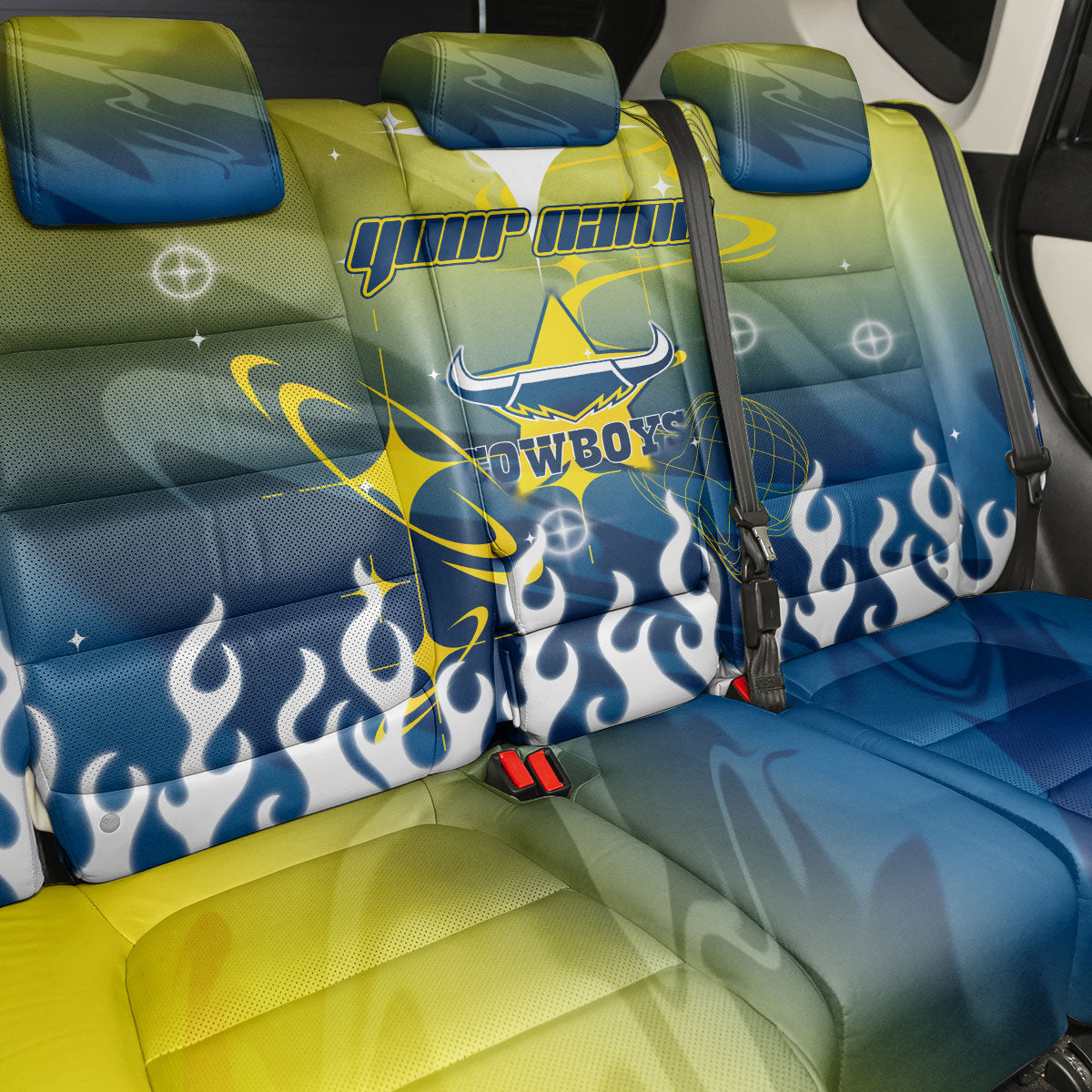 Personalized North Queensland Cowboys Back Car Seat Cover Y2K Grunge Aesthetic With Cyber Flames and Starburst Graphics