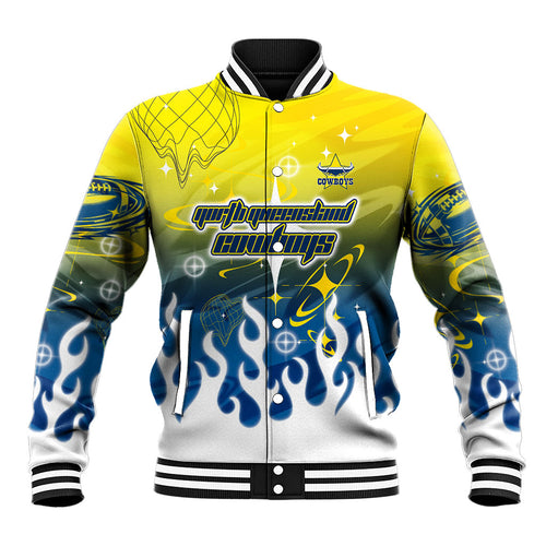 Personalized North Queensland Cowboys Baseball Jacket Y2K Grunge Aesthetic With Cyber Flames and Starburst Graphics