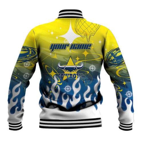 Personalized North Queensland Cowboys Baseball Jacket Y2K Grunge Aesthetic With Cyber Flames and Starburst Graphics