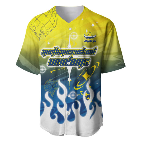 Personalized North Queensland Cowboys Baseball Jersey Y2K Grunge Aesthetic With Cyber Flames and Starburst Graphics