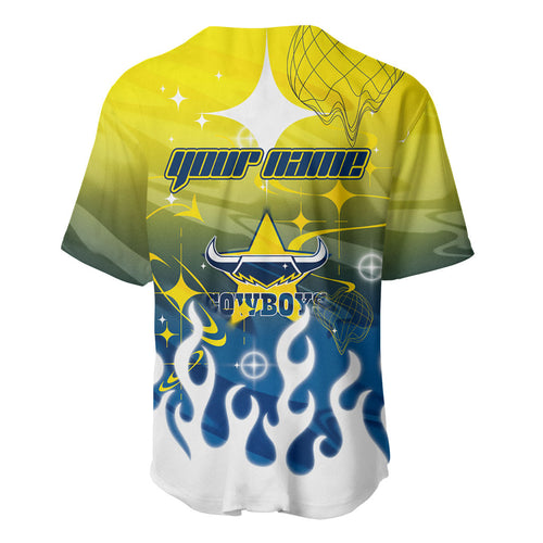 Personalized North Queensland Cowboys Baseball Jersey Y2K Grunge Aesthetic With Cyber Flames and Starburst Graphics