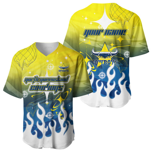 Personalized North Queensland Cowboys Baseball Jersey Y2K Grunge Aesthetic With Cyber Flames and Starburst Graphics