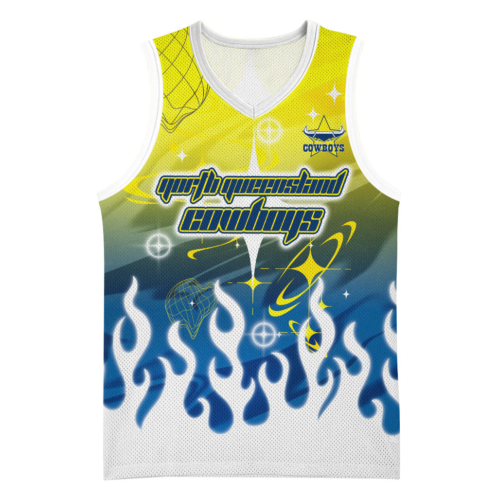 Personalized North Queensland Cowboys Basketball Jersey Y2K Grunge Aesthetic With Cyber Flames and Starburst Graphics