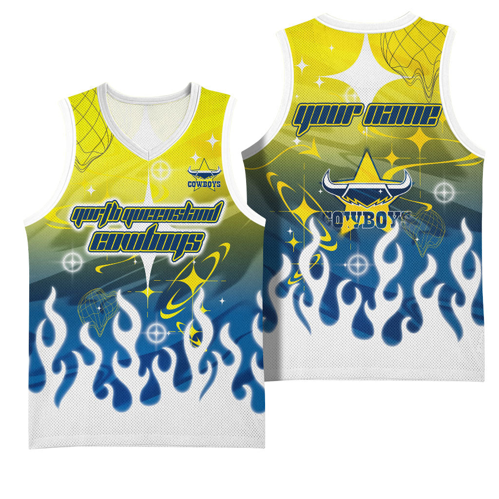 Personalized North Queensland Cowboys Basketball Jersey Y2K Grunge Aesthetic With Cyber Flames and Starburst Graphics
