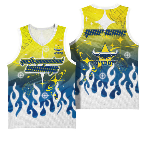 Personalized North Queensland Cowboys Basketball Jersey Y2K Grunge Aesthetic With Cyber Flames and Starburst Graphics