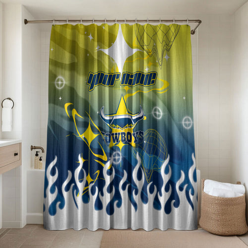 Personalized North Queensland Cowboys Bathroom Set Y2K Grunge Aesthetic With Cyber Flames and Starburst Graphics