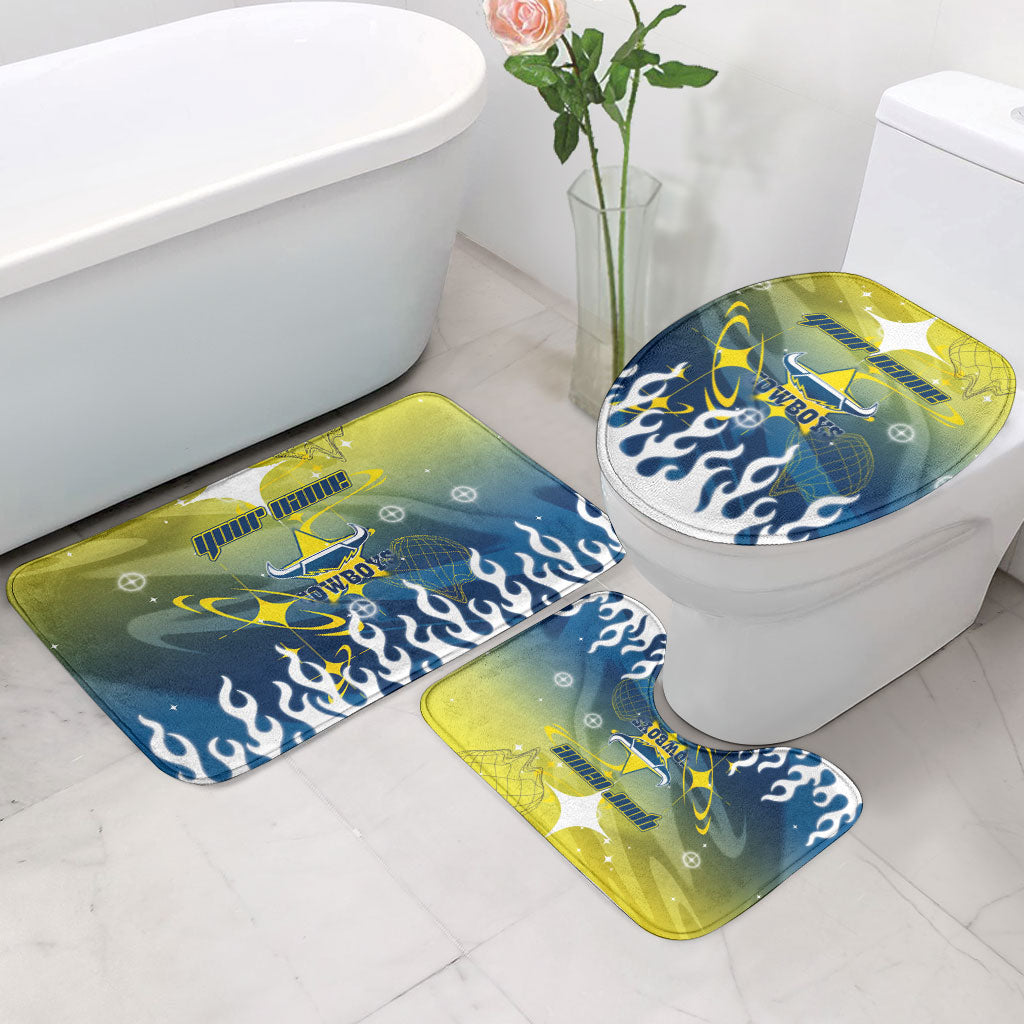 Personalized North Queensland Cowboys Bathroom Set Y2K Grunge Aesthetic With Cyber Flames and Starburst Graphics