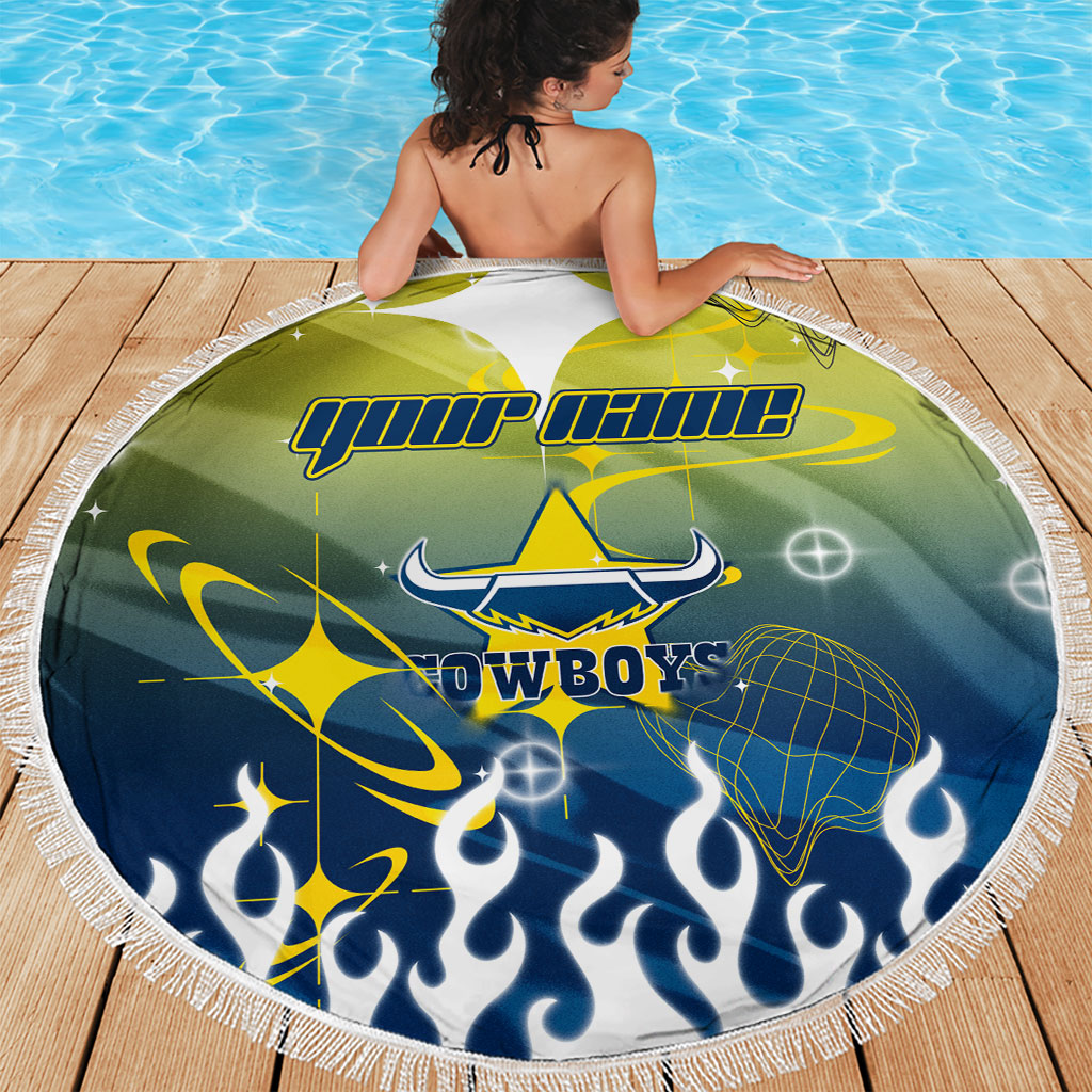 Personalized North Queensland Cowboys Beach Blanket Y2K Grunge Aesthetic With Cyber Flames and Starburst Graphics