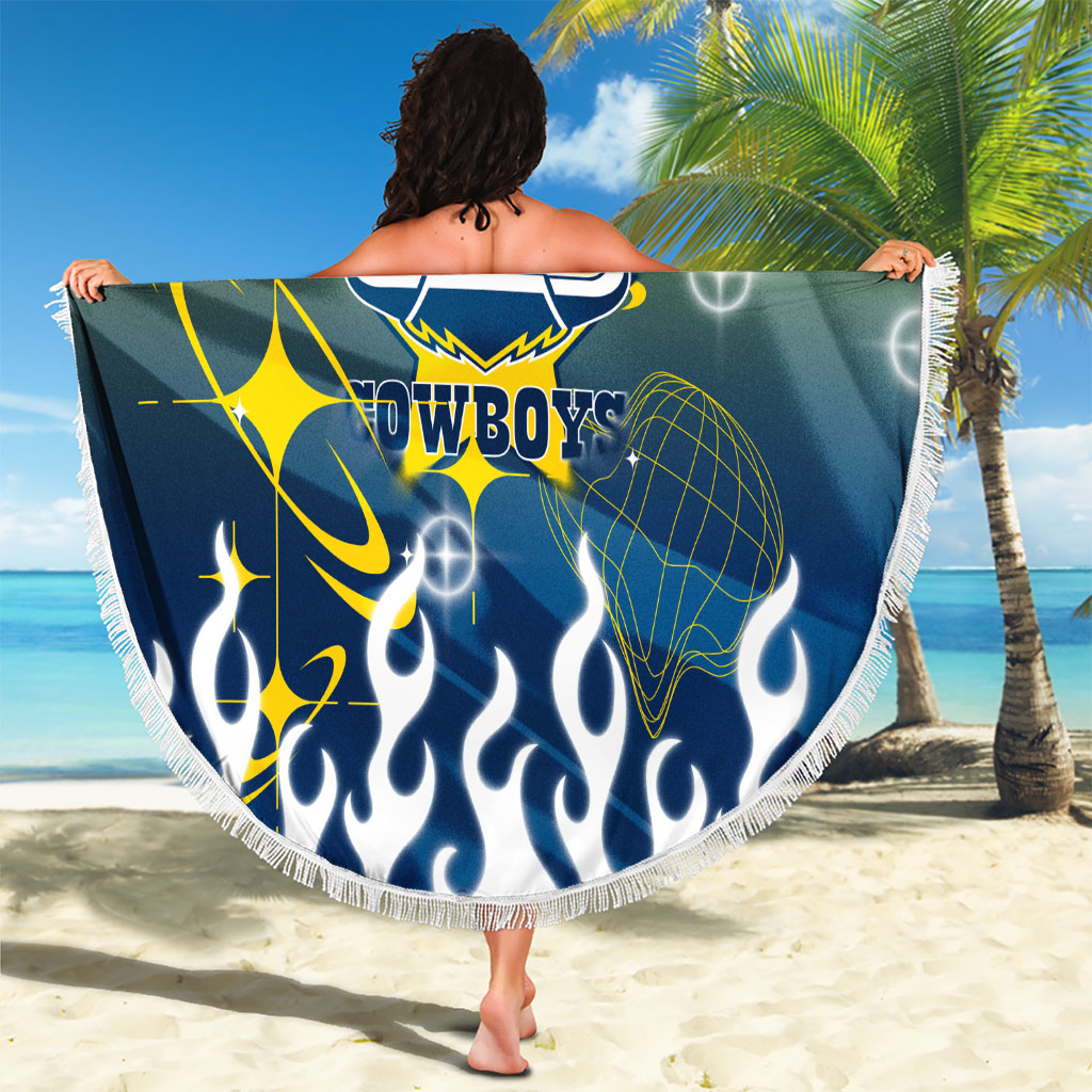 Personalized North Queensland Cowboys Beach Blanket Y2K Grunge Aesthetic With Cyber Flames and Starburst Graphics