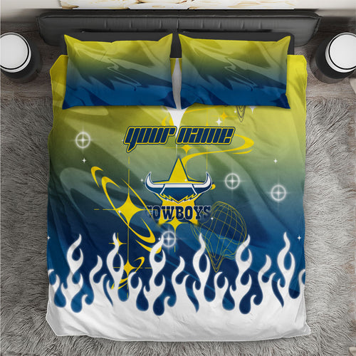Personalized North Queensland Cowboys Bedding Set Y2K Grunge Aesthetic With Cyber Flames and Starburst Graphics